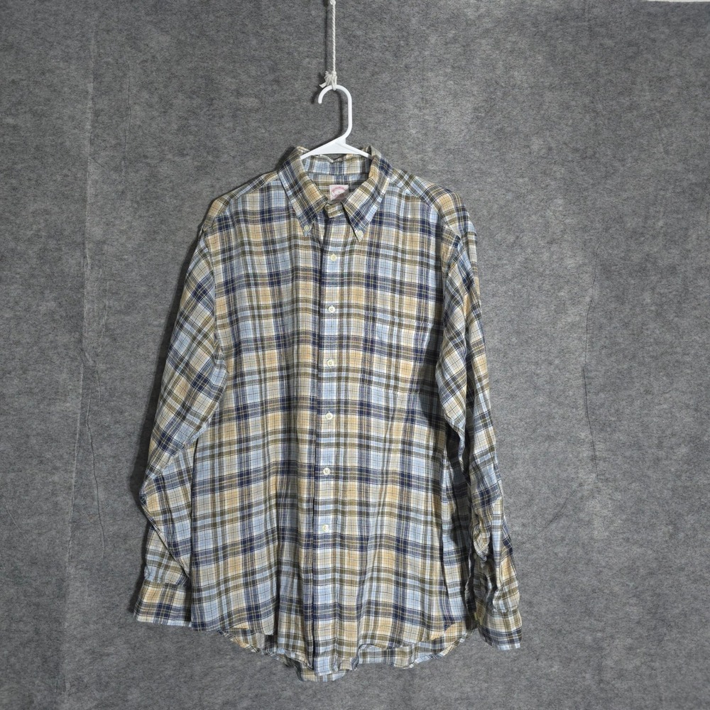 Brooks Brothers Button Down Shirt Men L Plaid Linen Blend Regular Fit Casual Pro